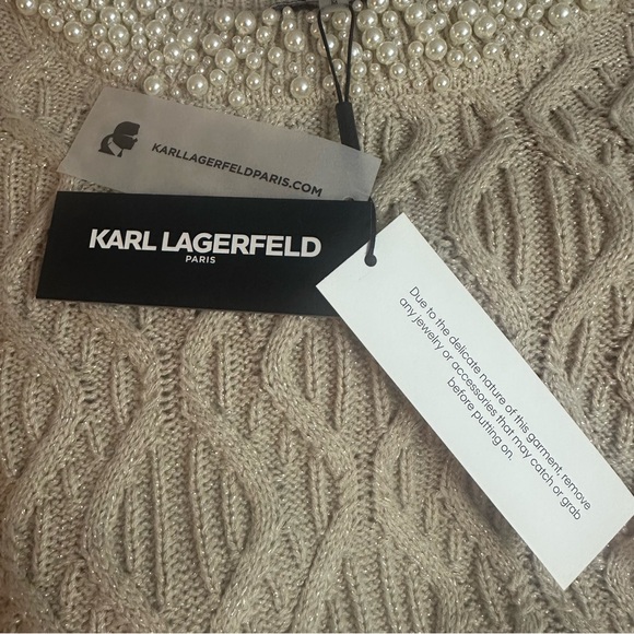 Karl Lagerfeld Paris Beige Shimmer Cable Knit Sweater with Faux Pearls Size M - Picture 10 of 12